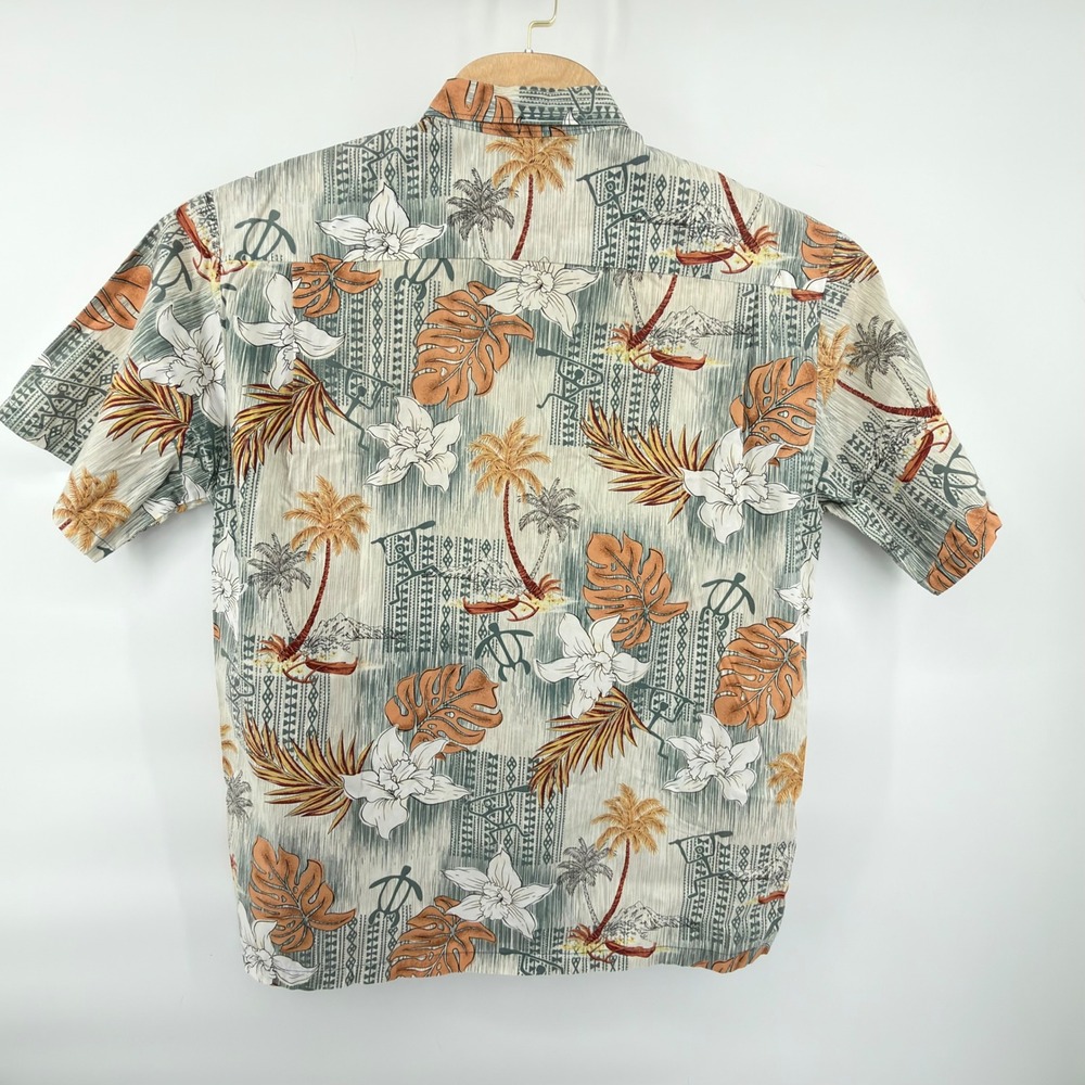 Aloha Hut Button Front Shirt Mens L Green Orange White Brown Tropical Floral